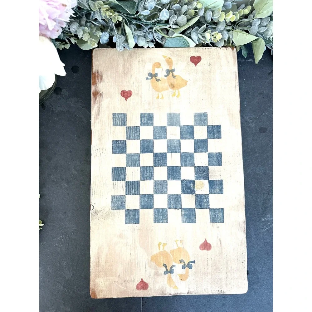 Cottagecore painted Goose Checkerboard wall decor geese country folk art wood